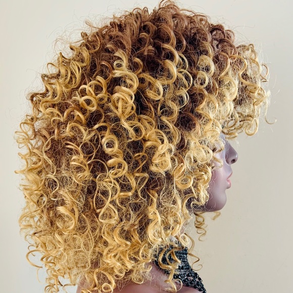 Blonde Auburn Mix Color “Put On & Go” Premium Fiber Curly Wig - Picture 3 of 5